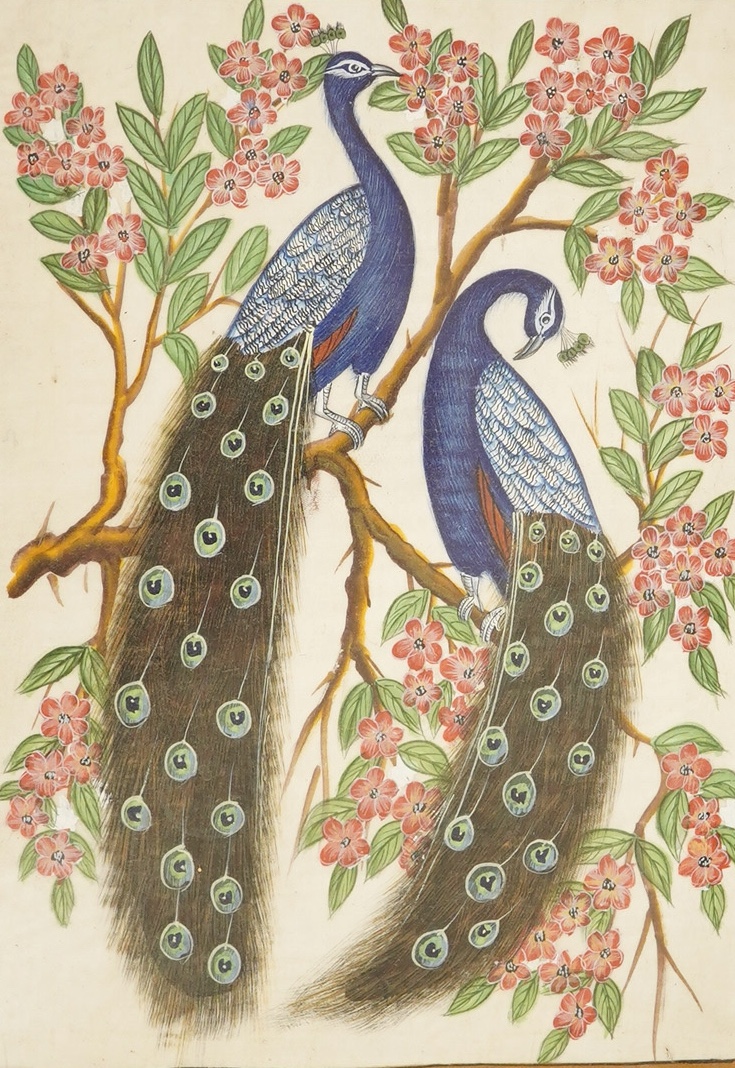 Early 20th century Chinese school, gouache on fabric, Peacocks amongst flowers, 30 x 20cm, gilt framed. Condition - good